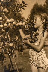 Latvia - CIRCA 1930s: Portrait of girl with apple tree in garden. Vintage archive Art Deco era photography