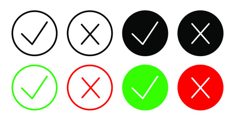 black and white, green and red check mark and cross icon set, yes and no symbols