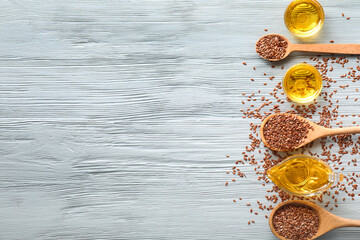 Composition with flax oil on wooden table