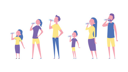 Set of people drinking water. Enjoying drinking water. Flat style. Vector illustration