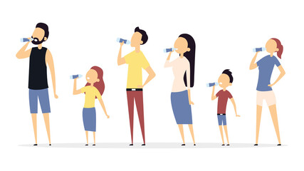 Obraz premium Set of people drinking water. Enjoying drinking water. Flat style. Vector illustration