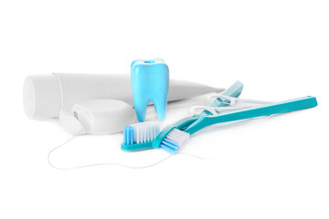 Set for oral hygiene on white background