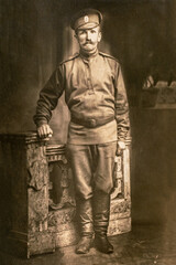 RUSSIA / Latvia - CIRCA 1916-1917: An antique photo shows Russian soldier during World War One...