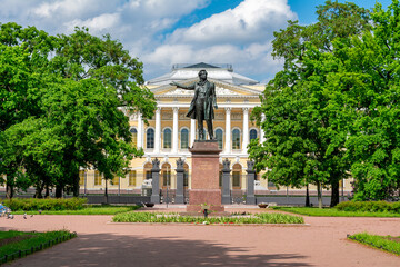 Monument to Russian poet Alexander Pushkin on Culture square and Russian museum at background,...