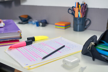 Young Latina studying and performing class assignments online with his computer from home for causes of coronavirus. Sitting at her table with leaves and pens. Videoconferencia con sus profesores.
