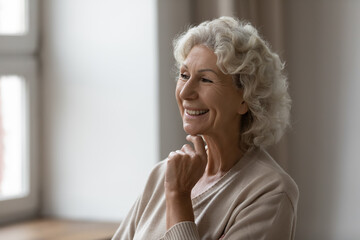 Smiling elderly woman feel optimistic look in window distance dreaming or thinking, happy mature 60s grandmother remembering good old days at home, enjoy sunny weather, visualize indoors
