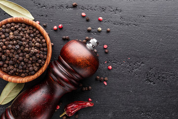 A set of peppers.Collage of different type pepper, Black ,white, pink and allspice peppercornsr,...