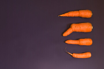 Ugly food. Deformed organic carrots on a purple background. Food waste concept. Minimalism, pop art. Flat lay. Copy space.