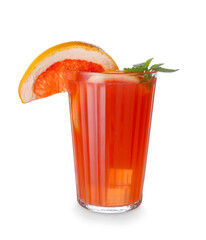 Glass of fresh grapefruit juice on white background