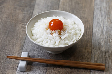 soy sauce marinated egg yolk on rice, japanese food

