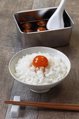 soy sauce marinated egg yolk on rice, japanese food
