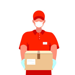 Male courier in a red uniform with a medical mask and gloves with a box in his hands on a white background. Quarantine delivery concept. Stock vector illustration.