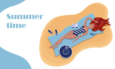 Beauty woman tanning, with sunglasses, hat, on the beach. Summer time. Vector illustration in flat style.