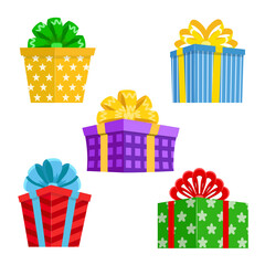 Cartoon gift box. Christmas presents, gifting boxes and xmas present winter holidays or birthday party gifts sign. Secret boxing with surprises, greeting giftbox decor vector isolated icon set