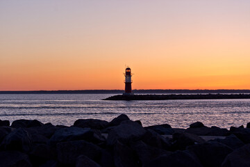 Lighthouse at Warnemünde Port While Sunrise, Rostock, Baltic Sea, Mecklenburg Western Pomerania, Germany, Europe