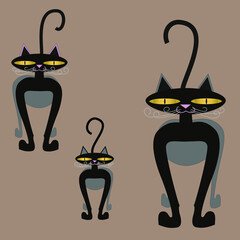 Three black cats face to the viewer. Seamless pattern. Beige square background.