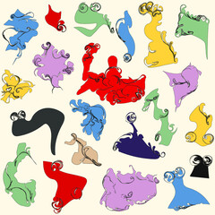 Abstract multicolored shapes seamless pattern. Associations. Square beige background.