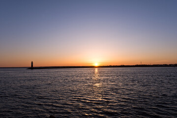 Lighthouse at Warnemünde Port While Sunrise, Rostock, Baltic Sea, Mecklenburg Western Pomerania, Germany, Europe