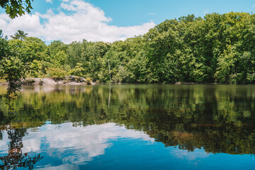 Mirror-like Water Reflecting Trees and Sky on Bright Spring Day.