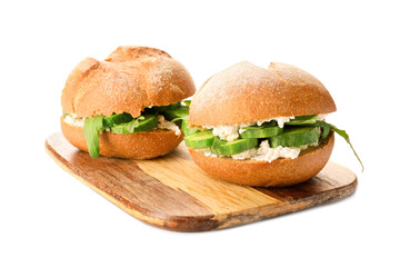 Tasty cucumber sandwiches on white background