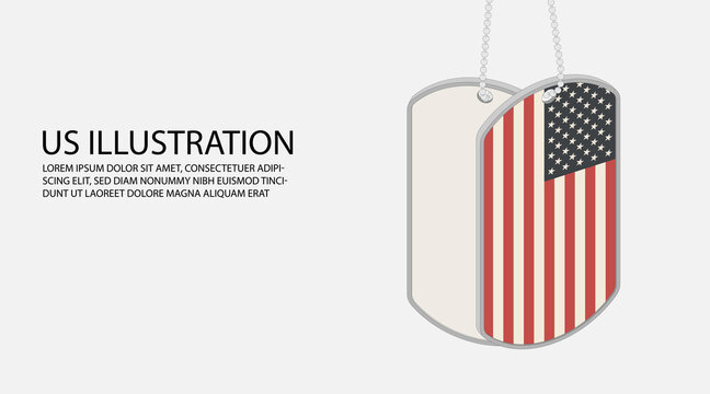 US illustration. USA symbol. Two military dog tag tokens of American army with flag of the United States. Isometric vector illustration for Veterans Day 11 November