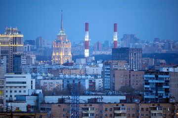 Fototapeta premium Moscow apartments at night. Hotel Ukraine. CHPP-12 - Moscow power station. Moscow. Russia.