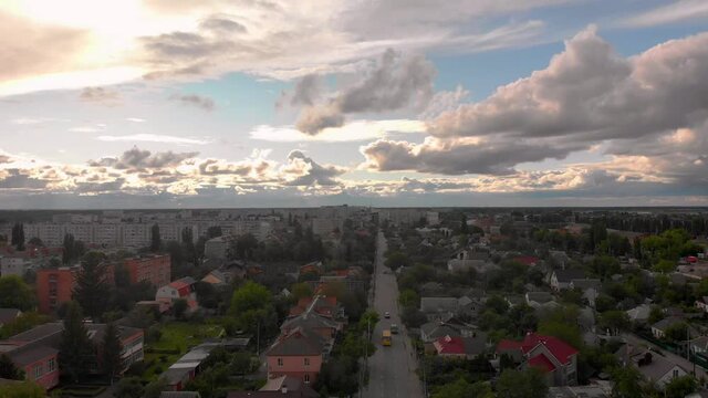 Aerial view of old wooden water tower in small European city