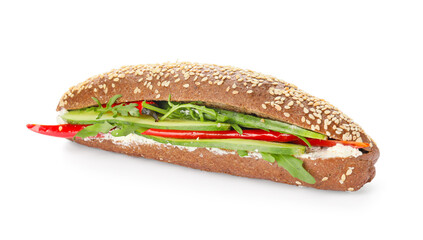 Tasty cucumber sandwich on white background