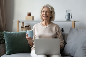 Happy elderly woman sit relax on couch in living room drink coffee or tea work on laptop, smiling modern mature 60s female enjoy leisure weekend at home, browsing wireless internet on computer gadget