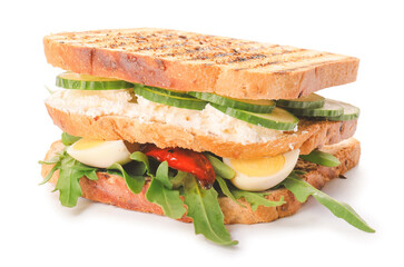 Tasty cucumber sandwich on white background