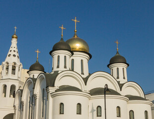Orthodox Church with onion-shaped black and gold domes, curved arches and Latin crosses  in Havana, Cuba
