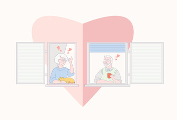 An elderly couple is looking for a home. The facade of the house with open windows. Love neighbors. An old man with a cup and an old woman with a cat are chatting cute and in love. Stay at home.Vector