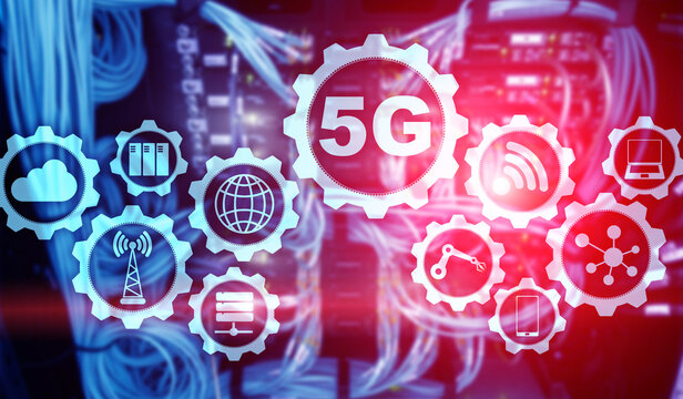 5G Progect on abstract server room background. - Powered by Adobe