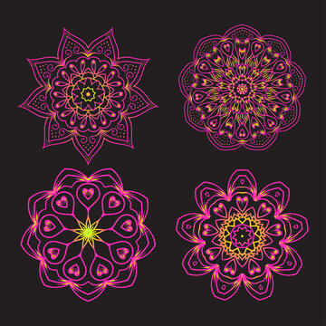 Set of Ethnic Fractal Mandala Vector Tattoo Design looks like Snowflake or Maya Aztec Pattern or Flower.