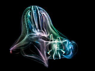 Iridescent glowing translucent jellyfish on black background