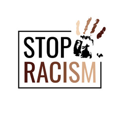 Stop racism slogan with black handprint silhouette. No to racism logo, icon, sign isolated on white background. T shirt print design. Vector illustration