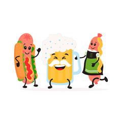Cute kawaii Glass of beer and a sausage and Hot Dog. Friends forever. Vector cartoon illustration for postcard, banner, flyer, stickers, advertising