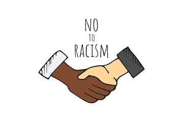No to racism slogan with handshake silhouette white and black hands. Stop racism logo, icon, sign isolated on white background. Vector illustration