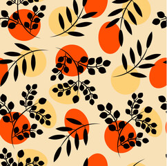 seamless pattern of yellow orange circles and twigs drawn with a black brush