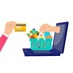 Online food order concept. Contactless Delivery of food from courier to customer. Delivery from grocery store on home and office. Vector illustration for banner, web page, flayer, advertising