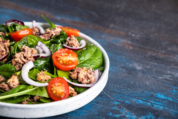 Tasty fish salad on a plate. Tuna salad. Copy space