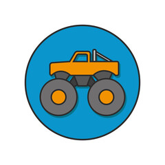Monster truck round icon. Side view. Contour color silhouette. Vector flat graphic illustration. Isolated object on a white background. Isolate.