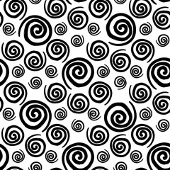 Fototapeta premium Black spiral circles isolated on white background. Monochrome seamless pattern. Hand drawn vector graphic illustration. Texture.