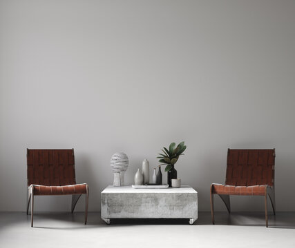 Modern nomadic style living room interior background, wall mockup, 3d render
