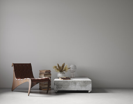Modern nomadic style living room interior background, wall mockup, 3d render