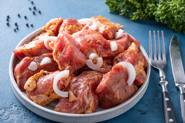 Marinated pork meat with onion and spices ready to cook on skewers. Raw shashlik ready to cook