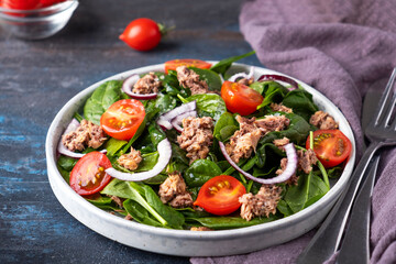 Tasty tuna salad with tomatoes, red onion and spinach. Fish salad  on a plate served with fork and knife