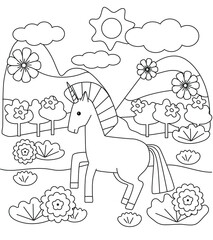 Kids coloring book with cute unicorn, mountains and flowers. A fairytale story for young children. Cartoon vector illustration.