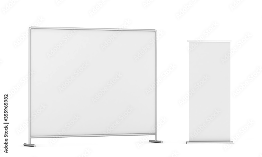 Sticker press wall with roll-up banner mockup