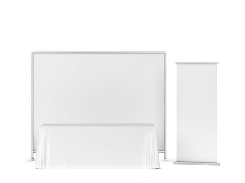 Blank tradeshow tablecloth with roll-up banners aside